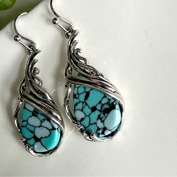 Blue & Black Stone Wire Wrapped Earrings Teardrop Bohemian Western Jewelry NEW - Picture 6 of 14